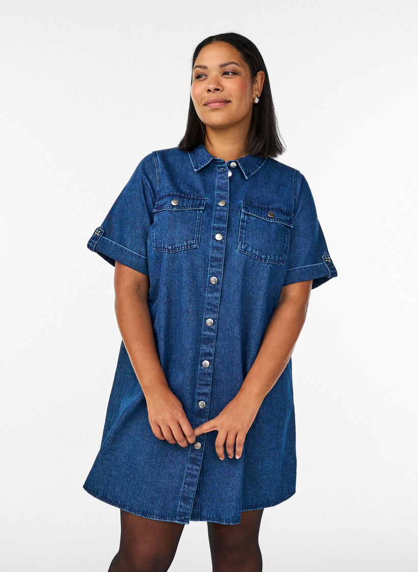 Denimkleid mit kurzen &Auml;rmeln und Kn&ouml;pfen, Blau, Model image number 0