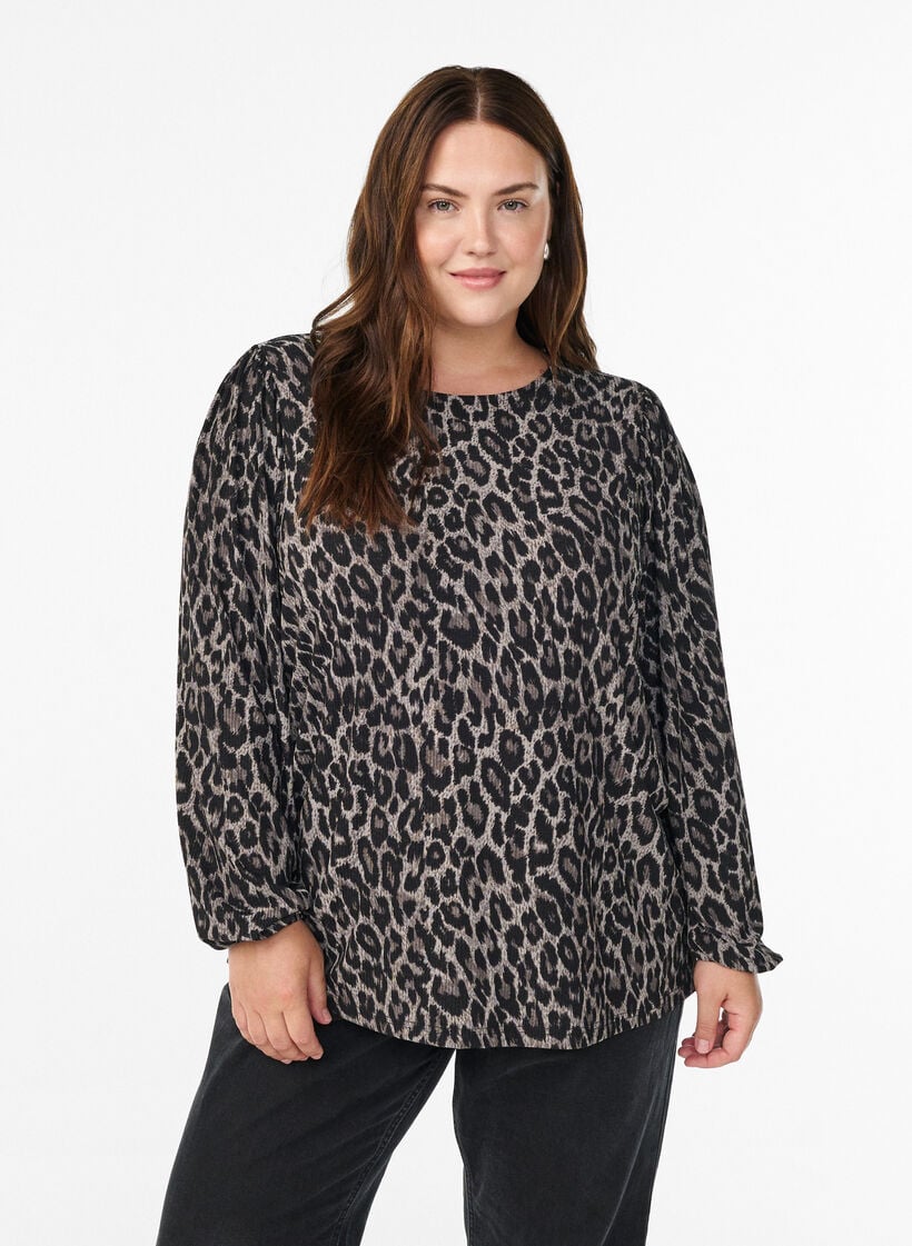 Bluse mit langen &Auml;rmeln und Leopardenmuster, Grau, Model image number 0