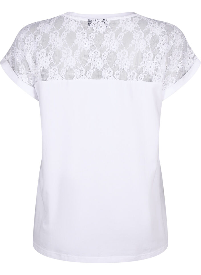 Kurzärmliges Baumwoll-T-Shirt mit Spitze, Bright White, Packshot image number 1