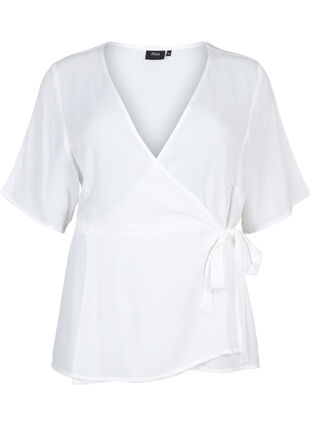 Geblümte Bluse aus Viskose mit Wickel-Optik, Bright White, Packshot image number 0