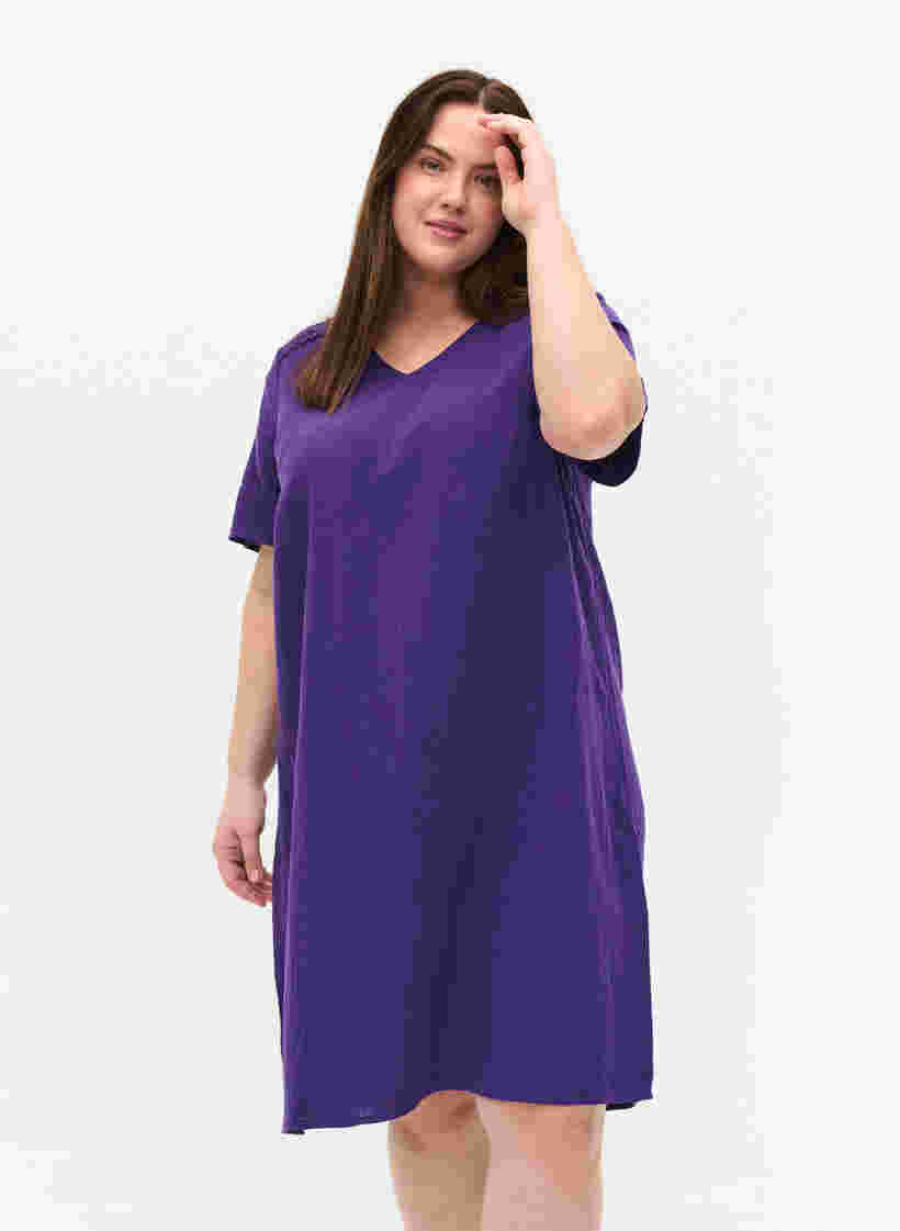 Kurzärmeliges Baumwollkleid mit Spitzendetails, Violet Indigo, Model image number 0