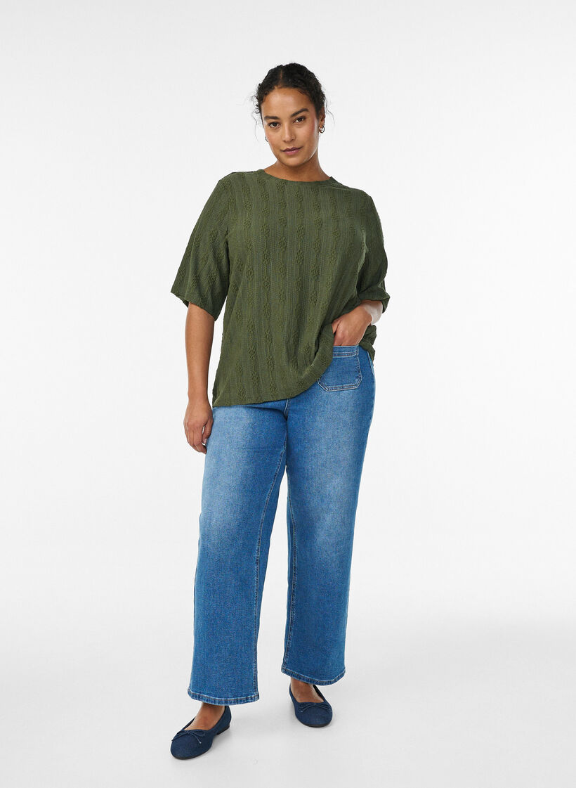 Bluse mit Strukturmuster und kurzen &Auml;rmeln, Gr&uuml;n, Model image number 1