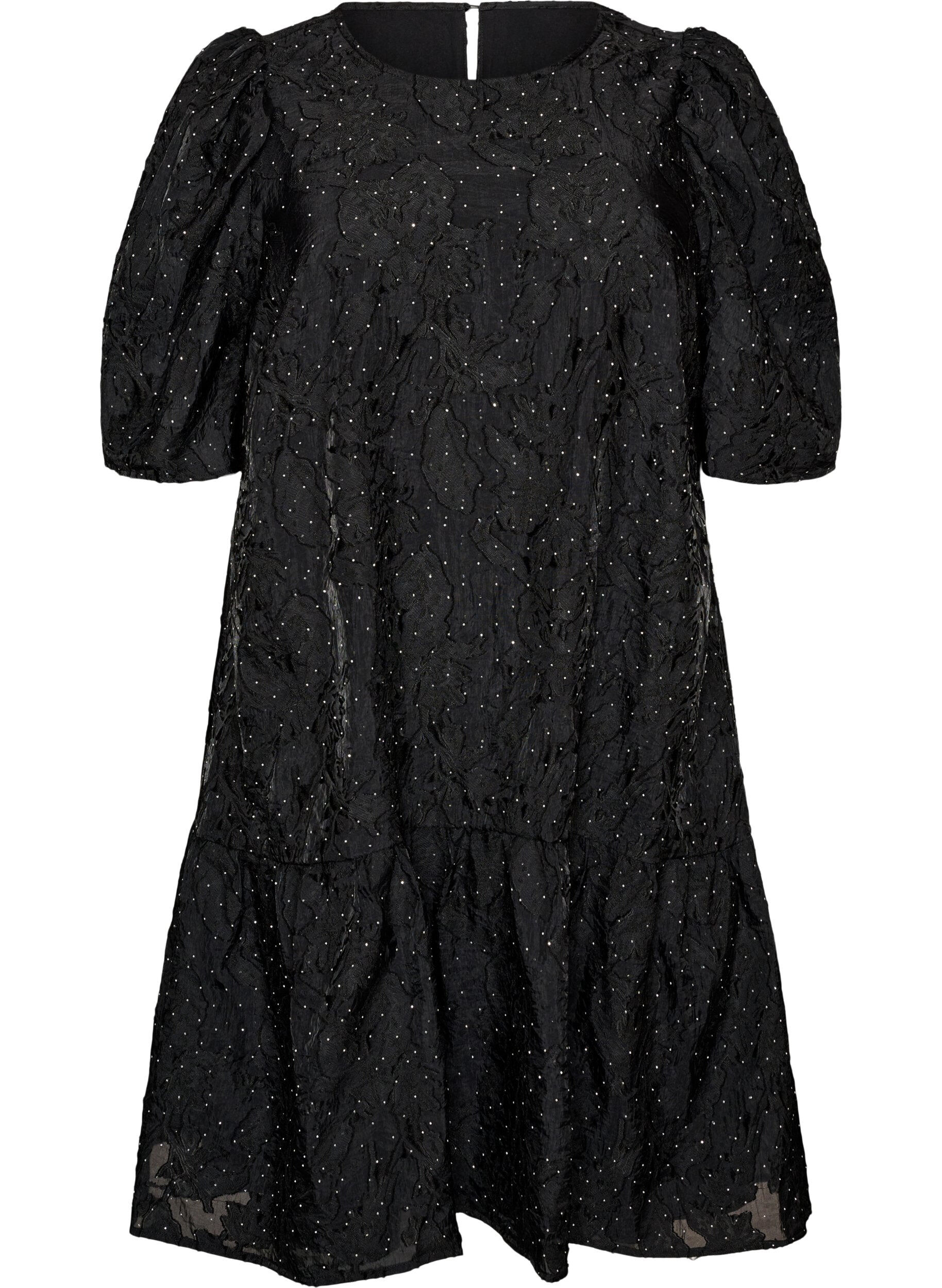 ZizziJacquardkleid mit funkelnden Details und Puff&auml;rmeln, Schwarz, Packshot image number 0