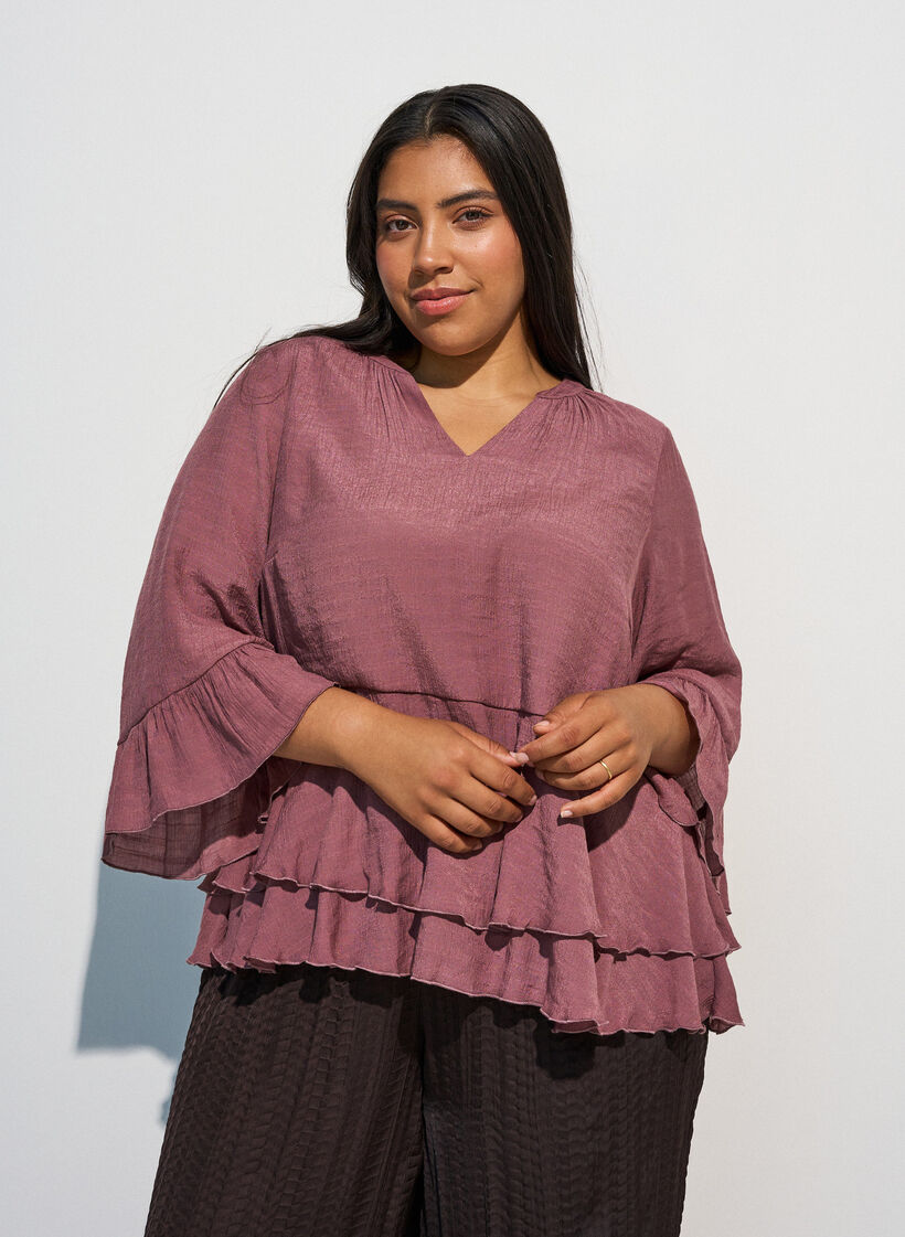 Bluse mit 3/4-&Auml;rmeln und R&uuml;schendetails, Rot, Model image number 0