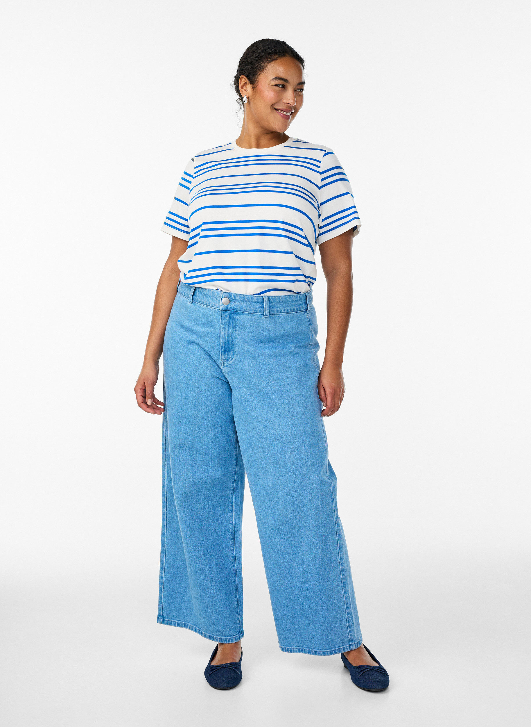 ZizziGestreiftes T-Shirt aus Baumwolle, Wei&szlig;, Model image number 1