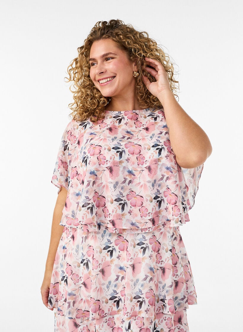 Maxikleid mit R&uuml;schen-Volants und abnehmbarem Cape, Wei&szlig;, Model image number 3