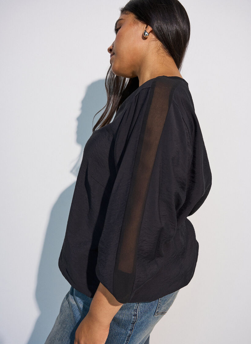 Bluse mit Balloneffekt und Chiffondetails, Schwarz, Model image number 3