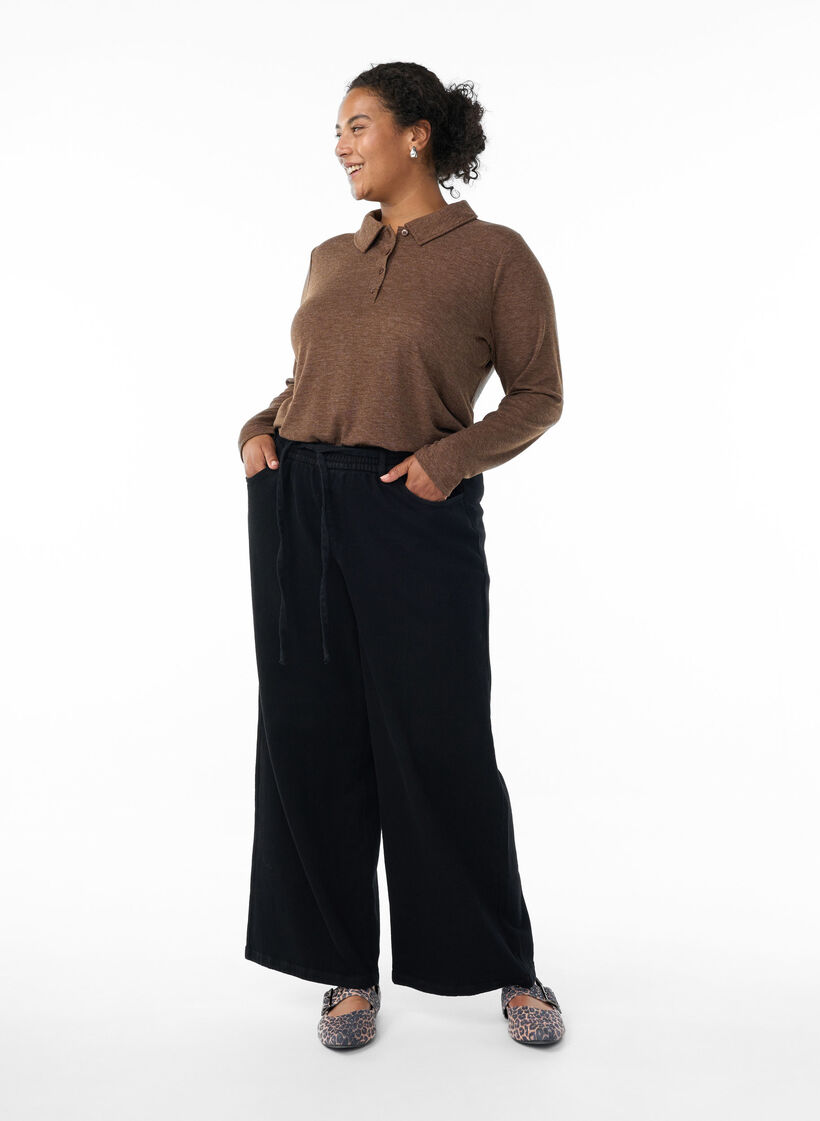 Langärmliges Poloshirt aus dehnbarem Rippmaterial, Braun, Model image number 1