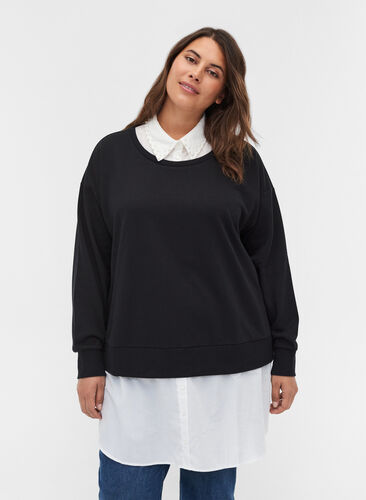 Sweatshirt mit angenähter Hemdbluse, Black, Model image number 0