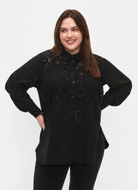 Baumwollhemd mit Lochstickerei, Black, Model