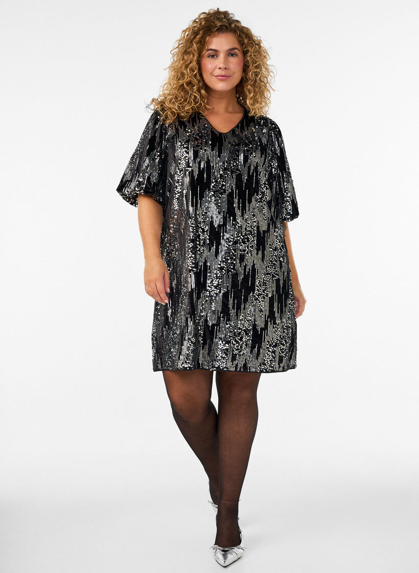 Kurzes Kleid mit Pailletten und Ballon&auml;rmeln, Schwarz, Model image number 0