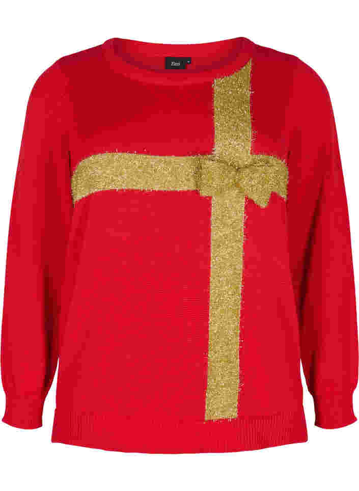 Weihnachtspullover mit Lurex, Red W/gold lurex, Packshot image number 0