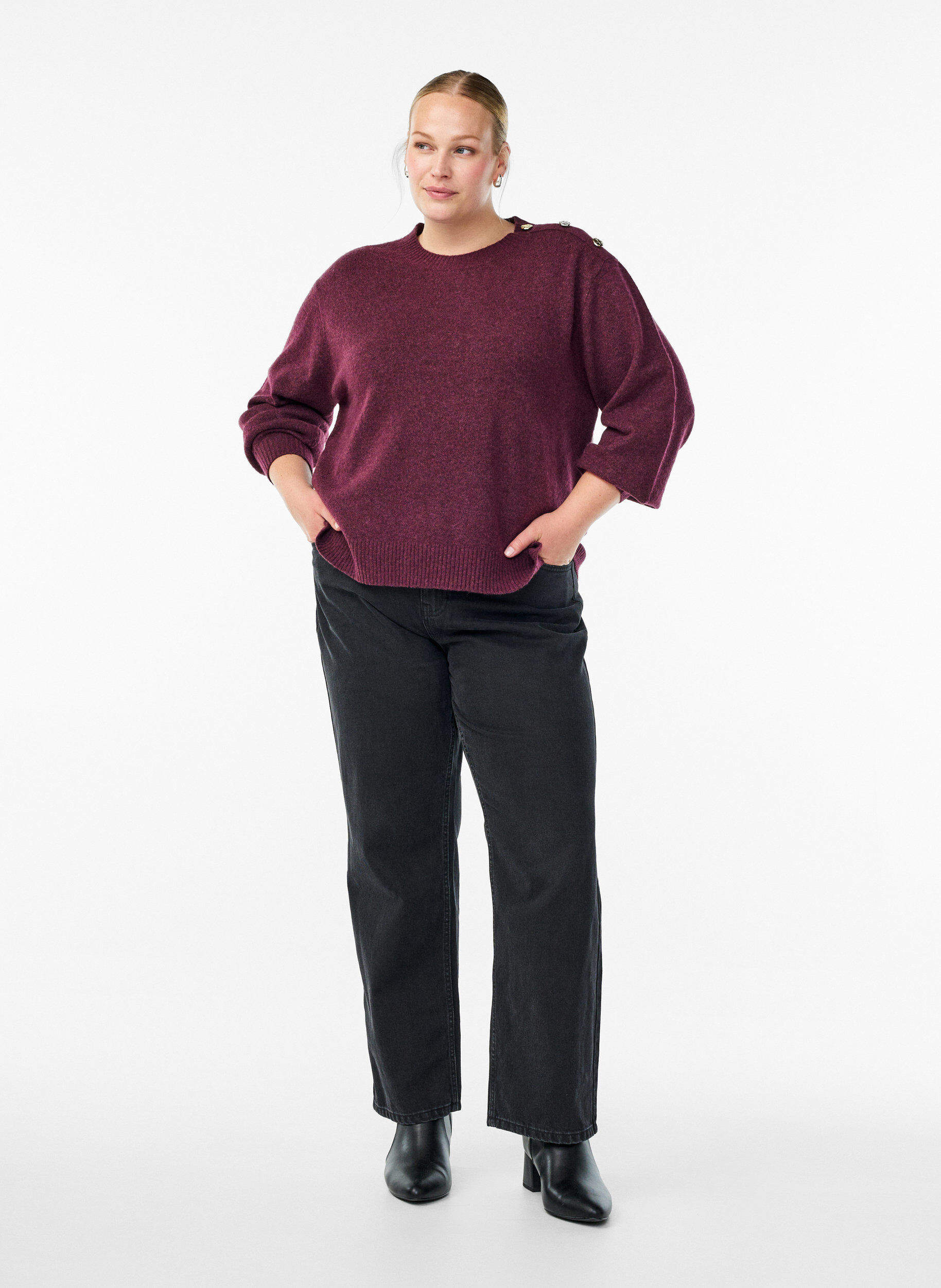 ZizziStrickbluse mit Knopfleiste, Dunkles Bordeaux, Model image number 1