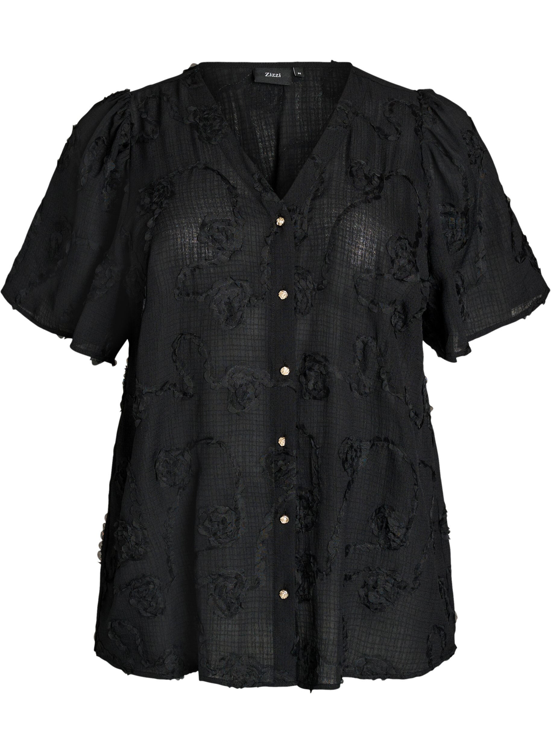 ZizziShort-sleeved shirt blouse with a 3D flower effect, Black, Packshot image number 0