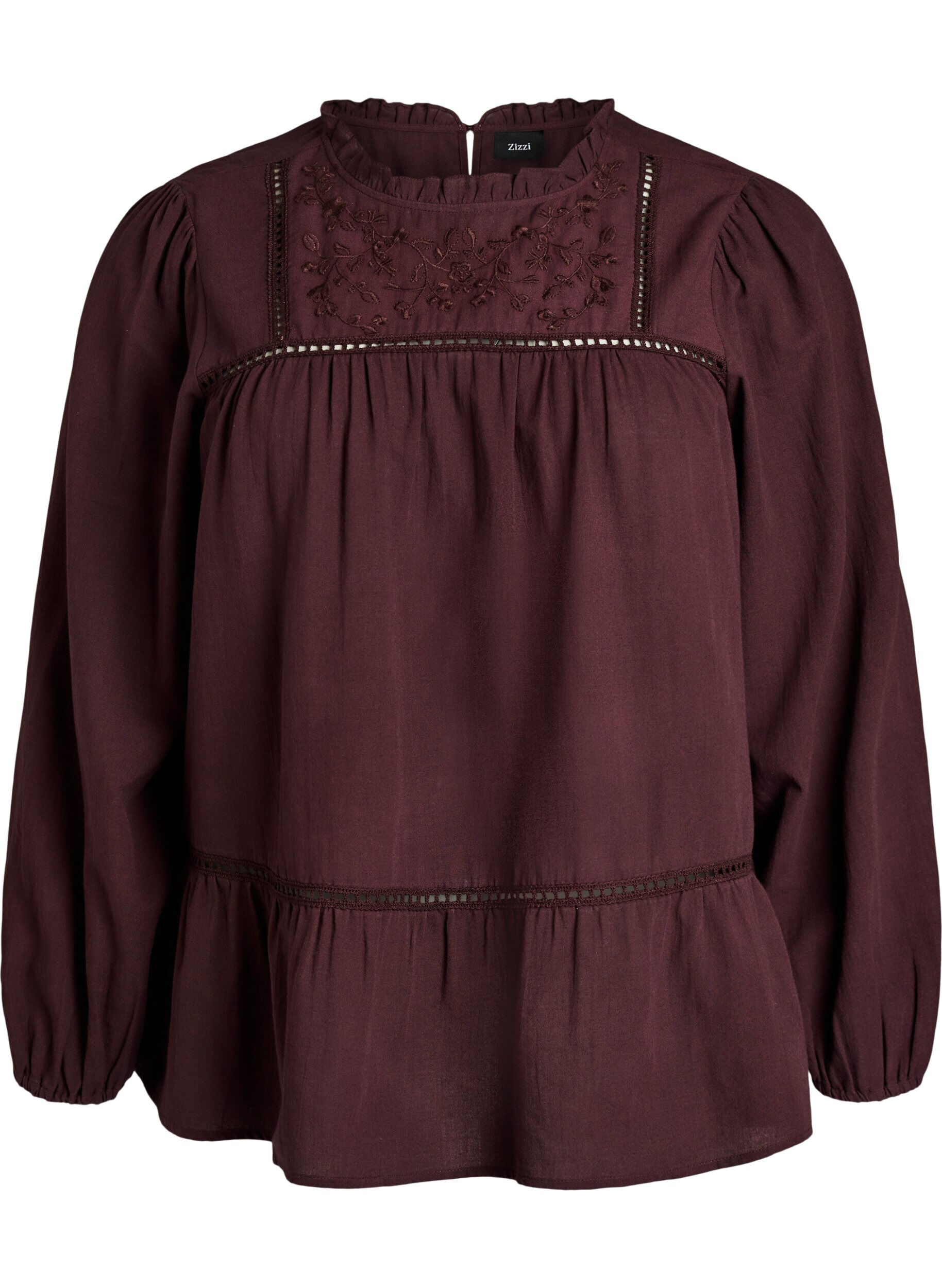 ZizziBluse mit Stickerei und Lochstickerei, Dunkles Bordeaux, Packshot image number 0