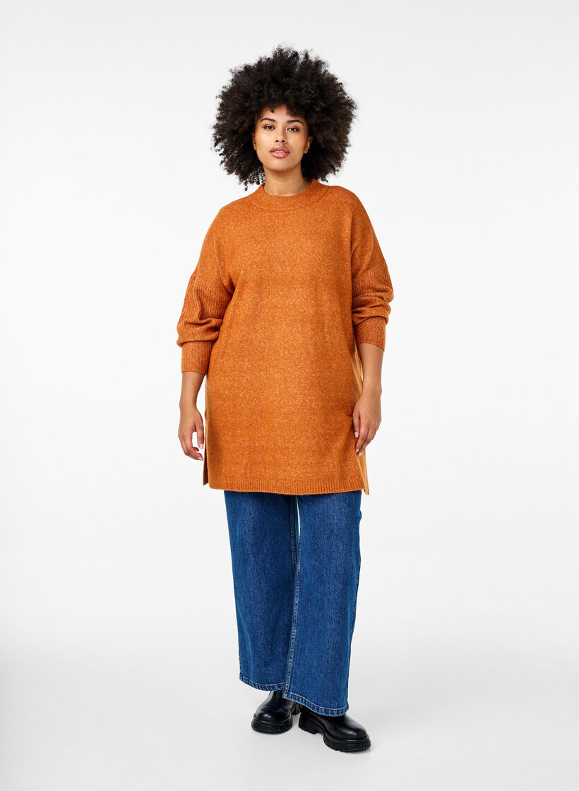 Lange Strickbluse mit langen Ärmeln, Autumnal Mel., Model image number 2