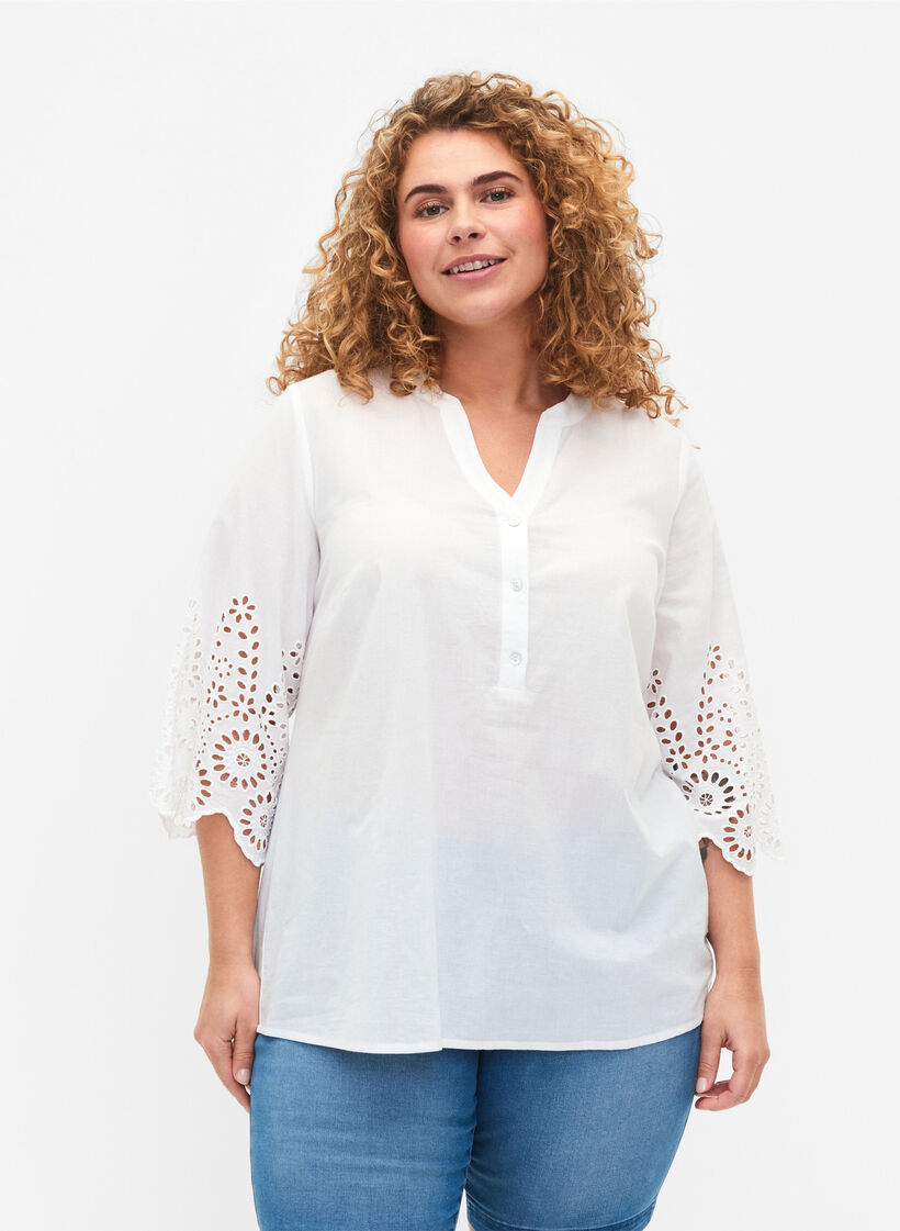 Bluse mit Spitzenbesatz und 3/4-Ärmeln, Bright White, Model image number 0