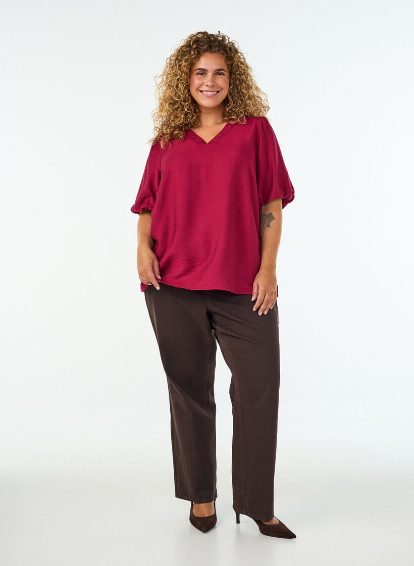 Bluse mit Ballon&auml;rmeln und V-Ausschnitt, Rot, Model image number 1