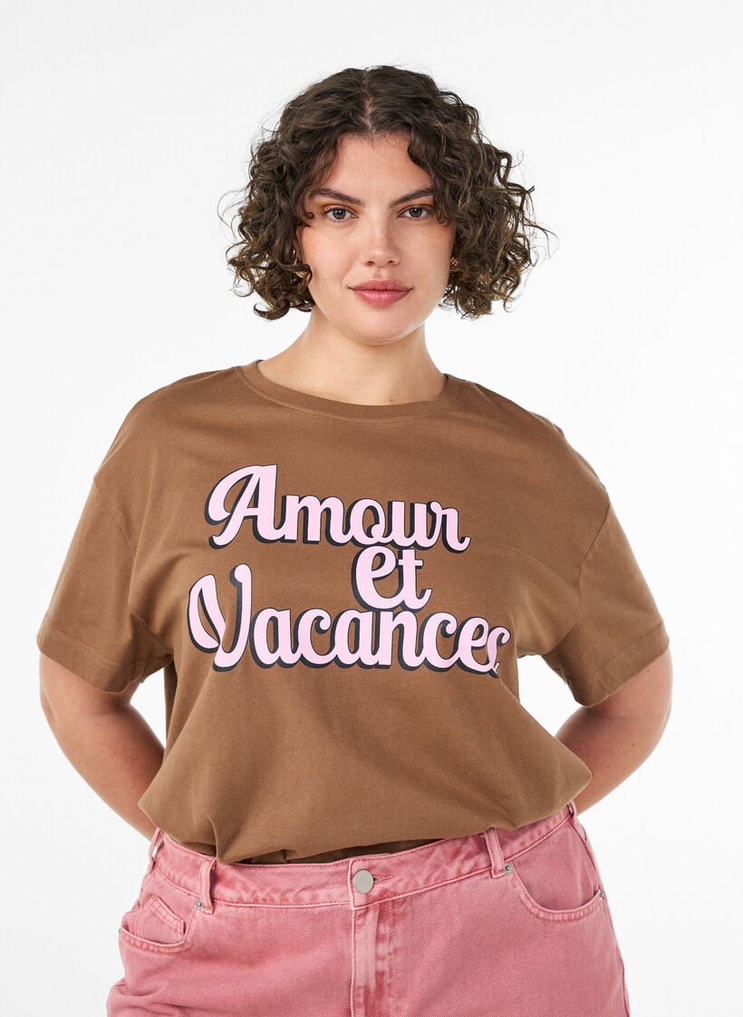 T-Shirt aus 100% Baumwolle mit kurzen &Auml;rmeln und Print, Braun, Model image number 0