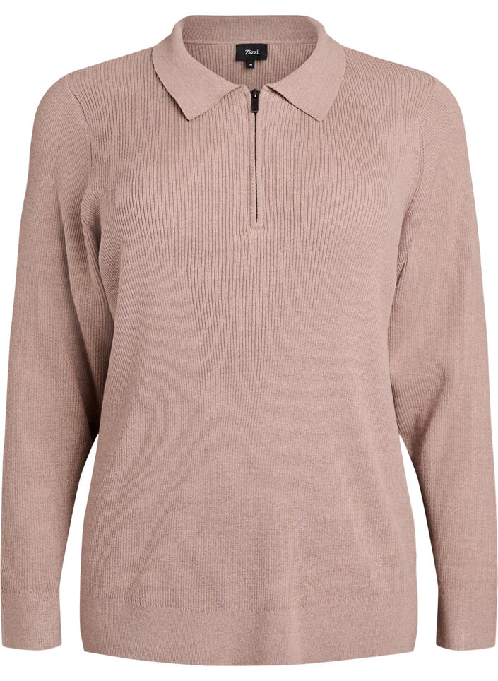 Pullover aus Rippstrick mit Polokragen und Reißverschluss, Beige, Packshot image number 0