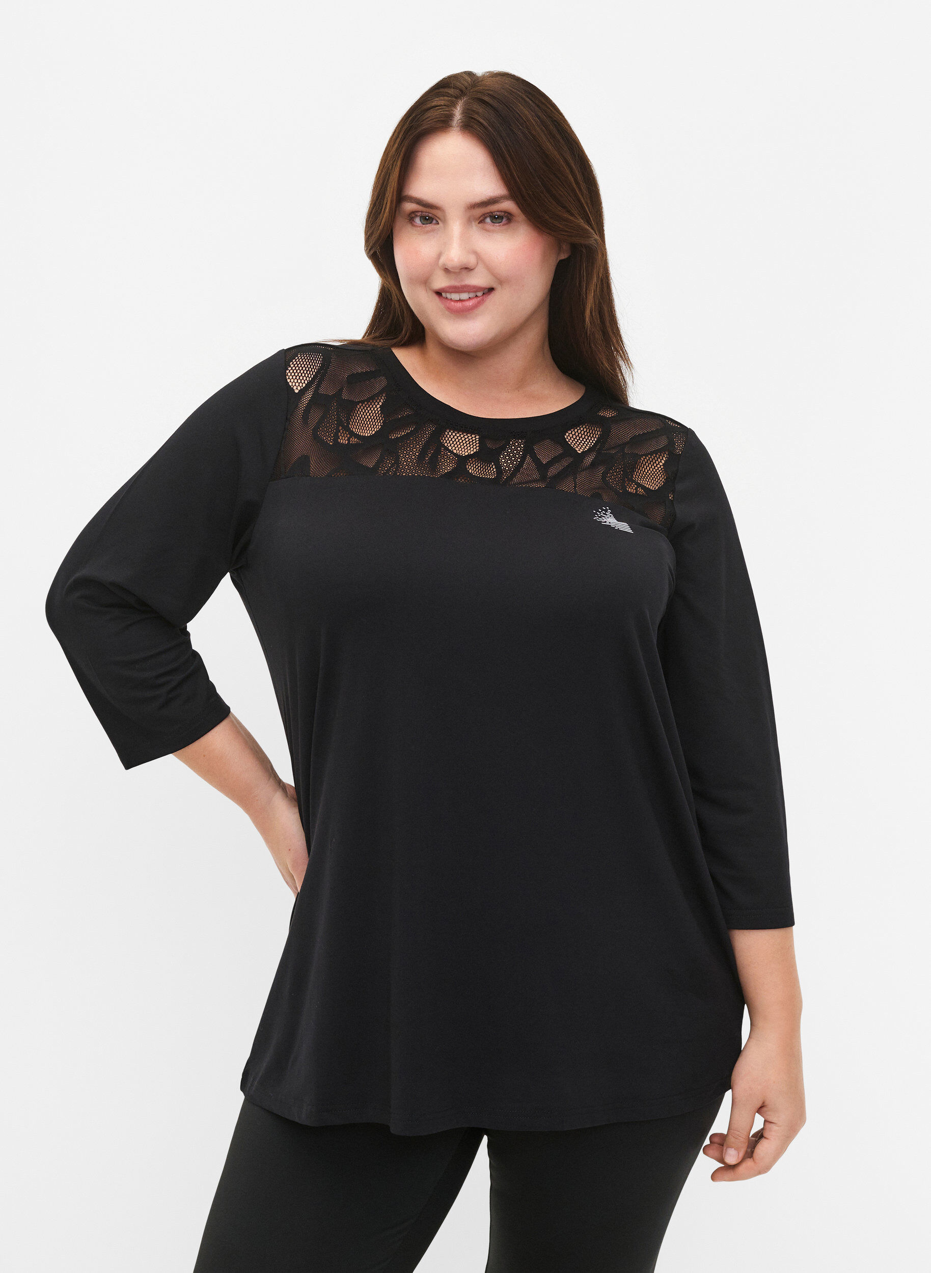 ZizziTrainings-T-Shirt mit 3/4-&Auml;rmeln und gemustertem Gittergewebe, Black, Model image number 0