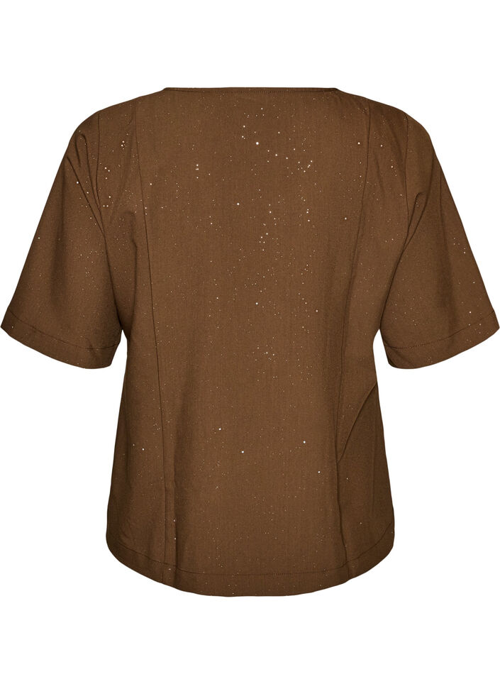 Bluse mit Glitzer und V-Ausschnitt, Braun, Packshot image number 1