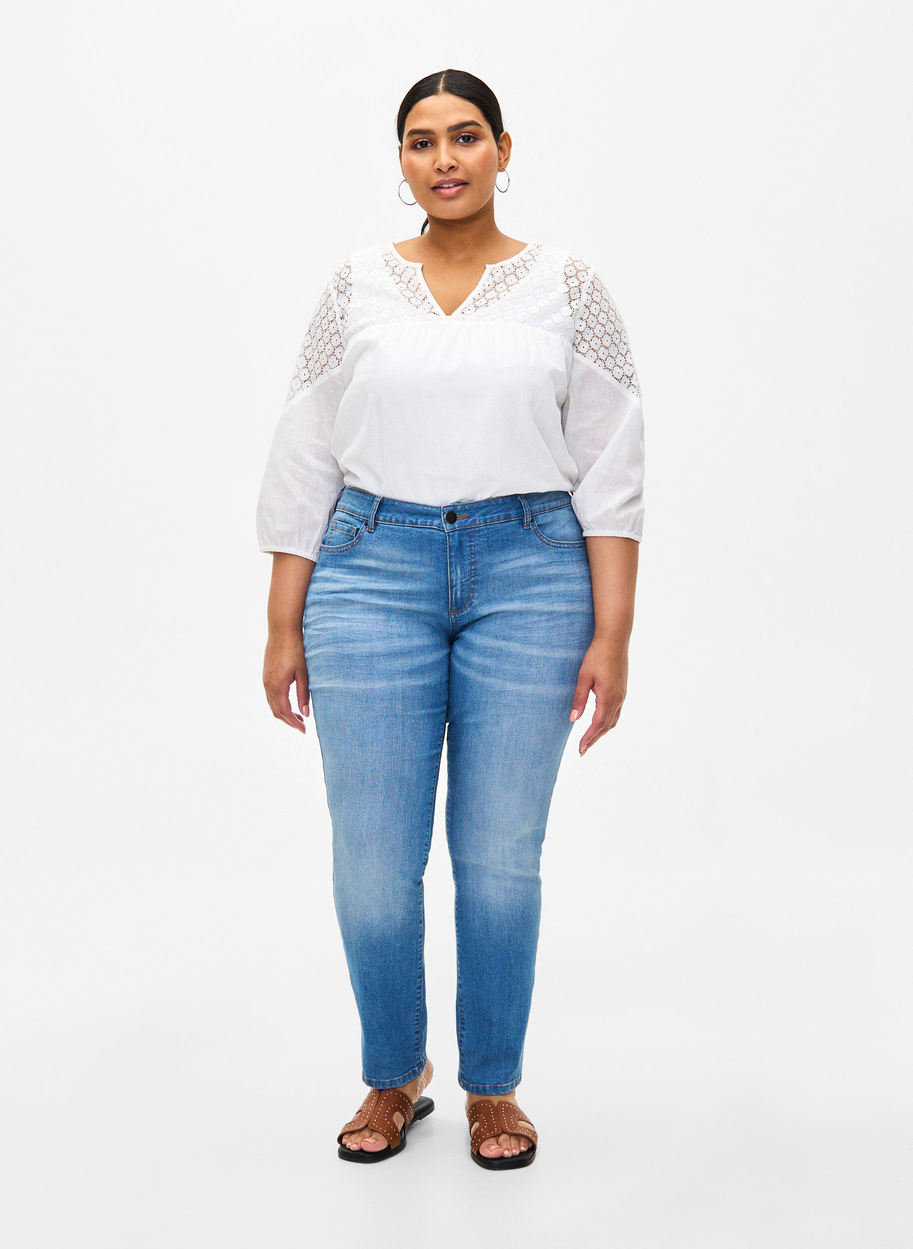 ZizziBluse aus Baumwollmischung mit Leinen und H&auml;keldetails, Bright White, Model image number 2