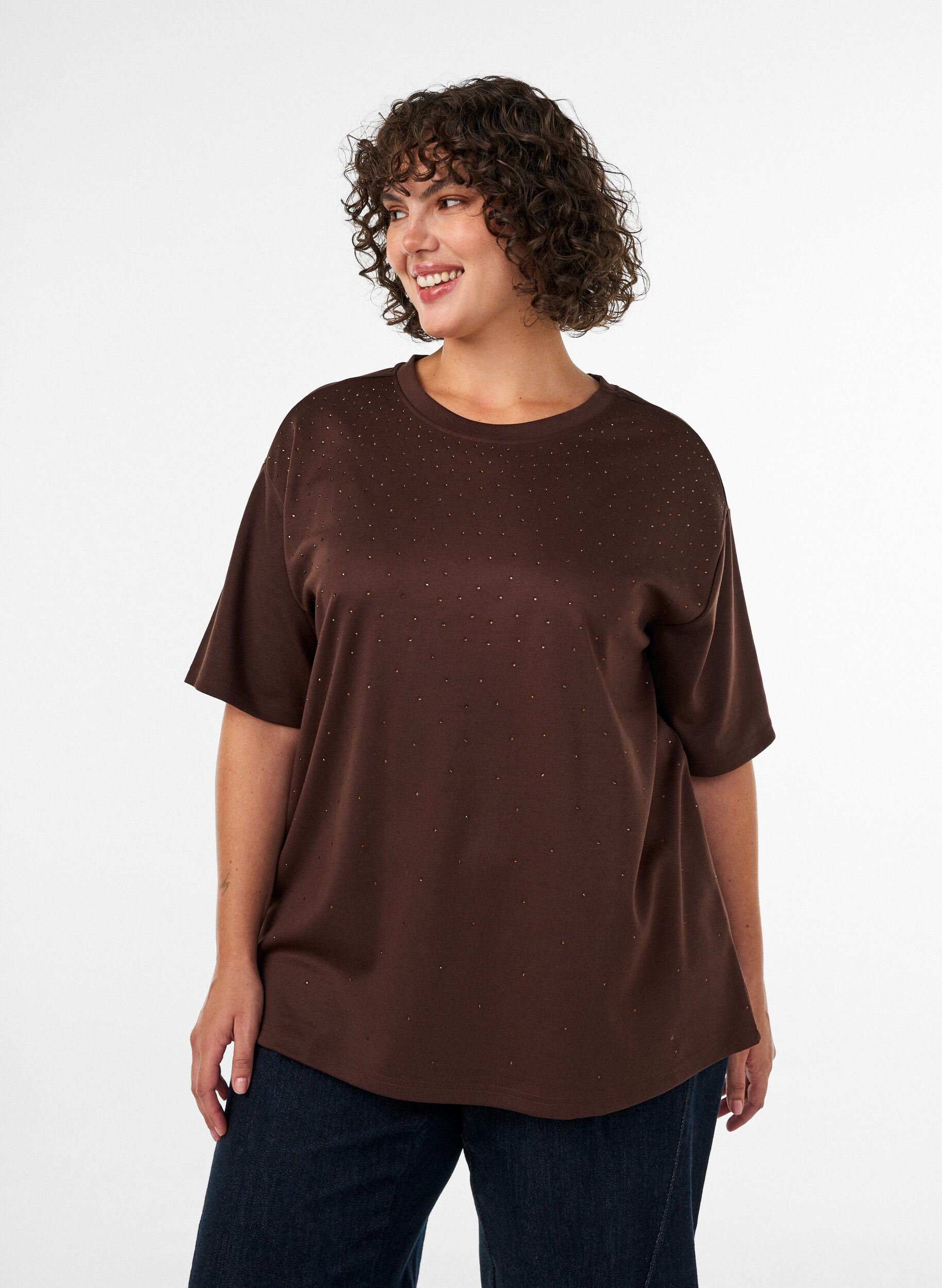 ZizziT-Shirt mit Strasssteinen und Rundhalsausschnitt, Braun, Model image number 0