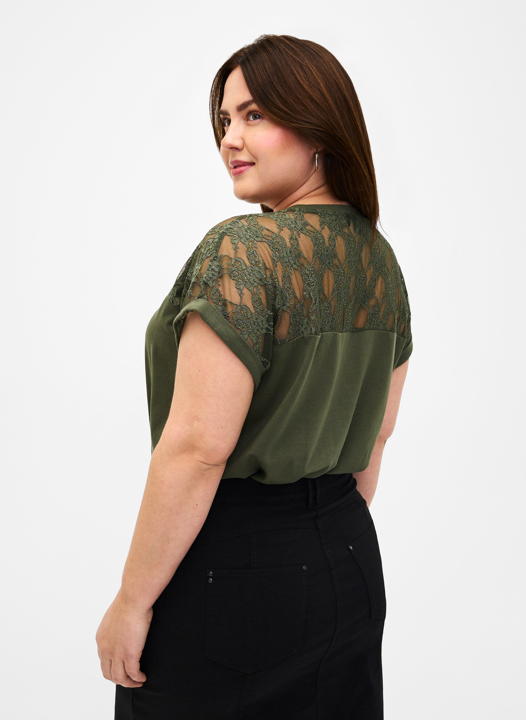 ZizziKurz&auml;rmliges Baumwoll-T-Shirt mit Spitze, Thyme, Model image number 1