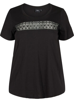 T-Shirt aus Baumwolle mit Spitze, Black, Packshot image number 0