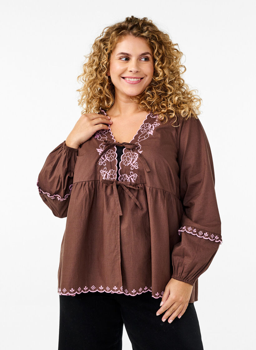 Bluse mit offener Vorderseite und aufwendigen Stickereien, Braun, Model image number 0
