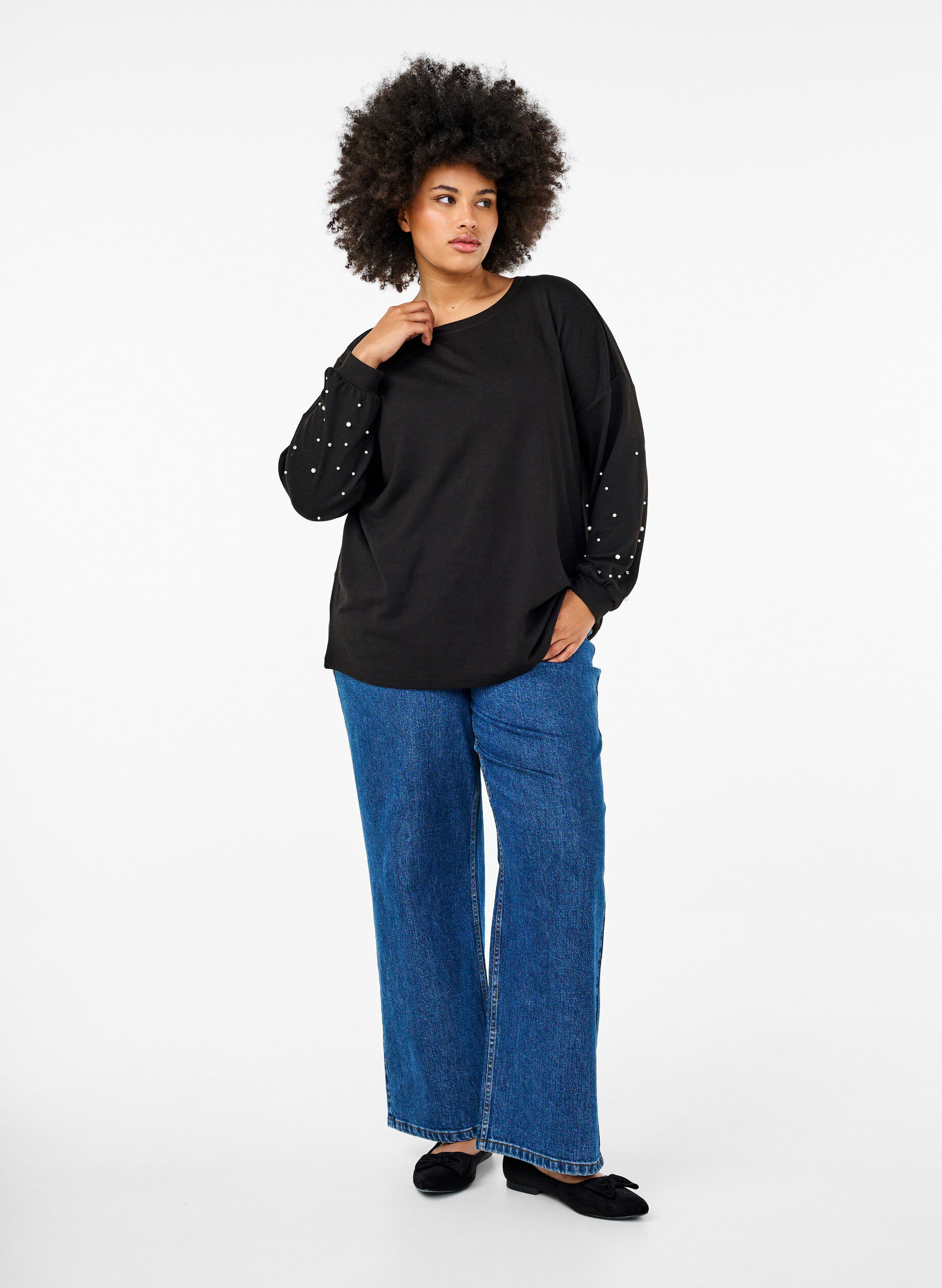ZizziEinfarbige Bluse mit Perlen, Black, Model image number 2