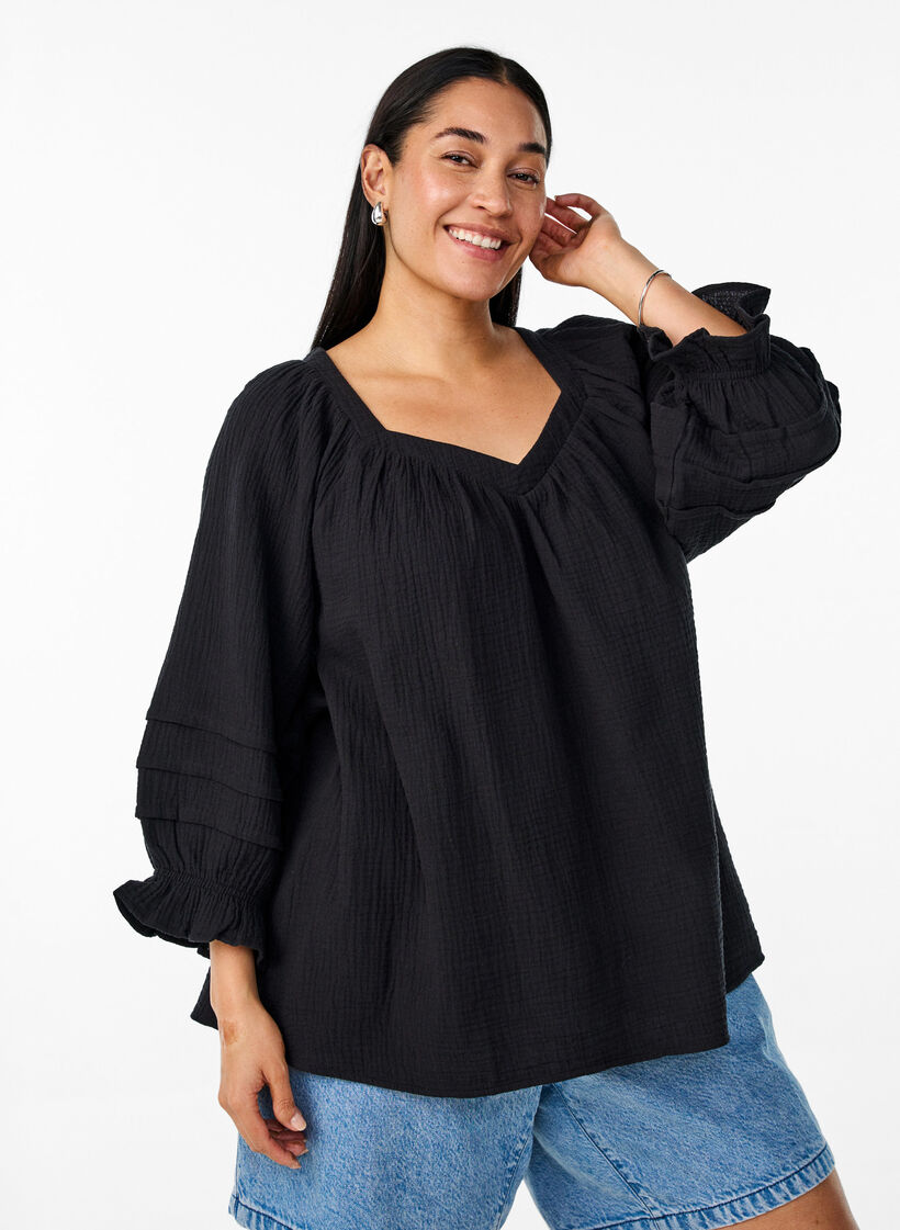 Bluse aus Baumwoll-Musselin mit 3/4-Ärmeln, Black, Model image number 0