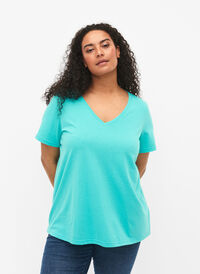 Kurzärmeliges T-Shirt mit V-Ausschnitt, Turquoise, Model