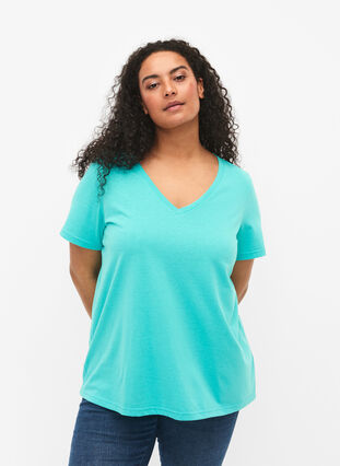 Kurzärmeliges T-Shirt mit V-Ausschnitt, Turquoise, Model image number 0
