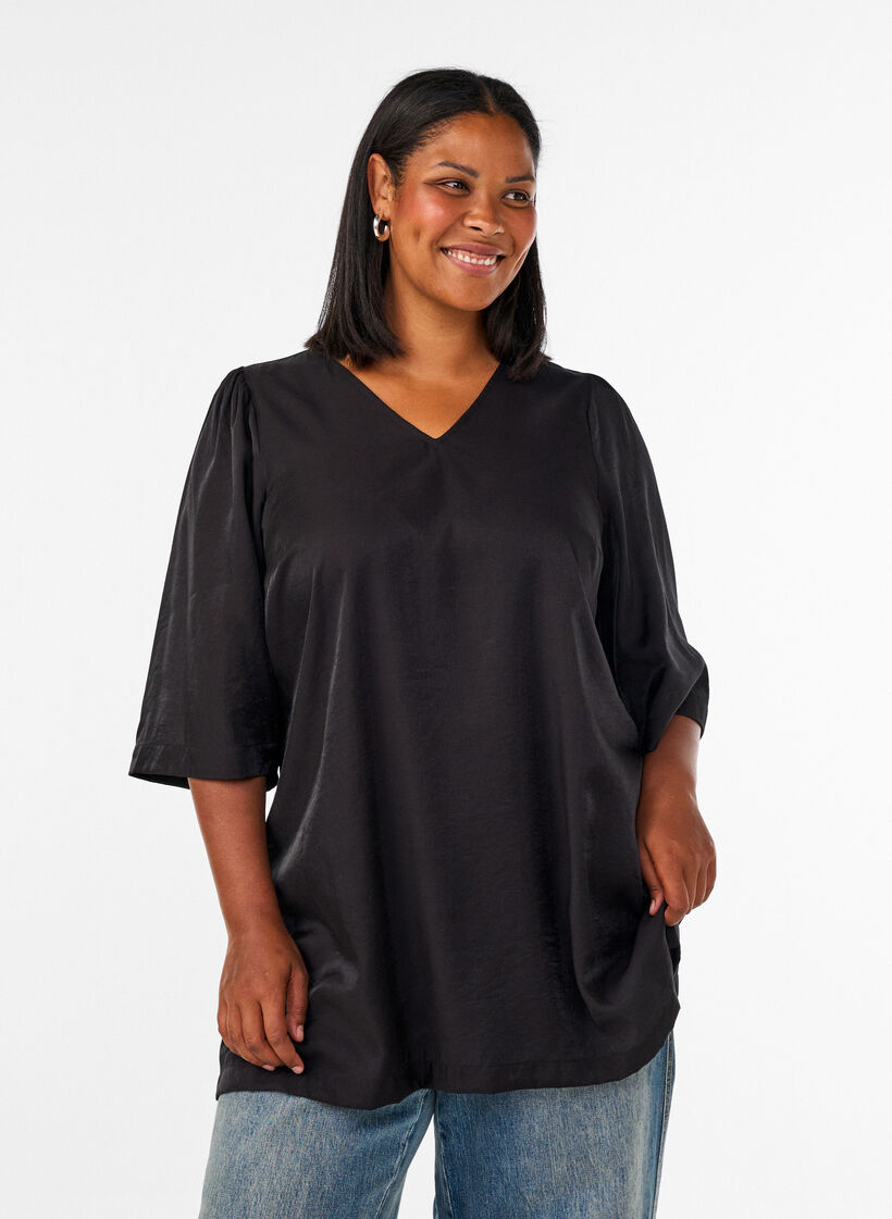 Gl&auml;nzende Tunika mit V-Ausschnitt und 3/4-&Auml;rmeln, Schwarz, Model image number 0
