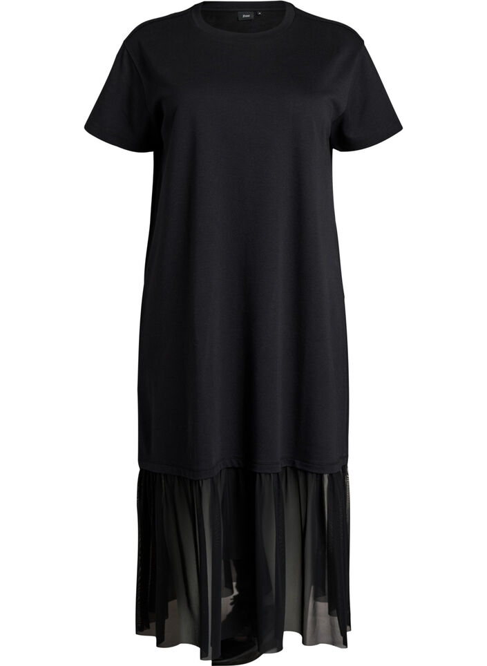 T-Shirt-Kleid mit transparentem Mesh-Saum, Schwarz, Packshot image number 0