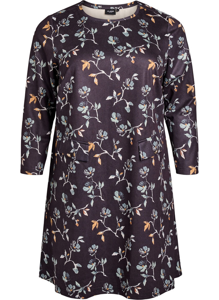 Kurzes A-Linien-Kleid mit 7/8-Ärmeln, Schwarz, Packshot image number 0