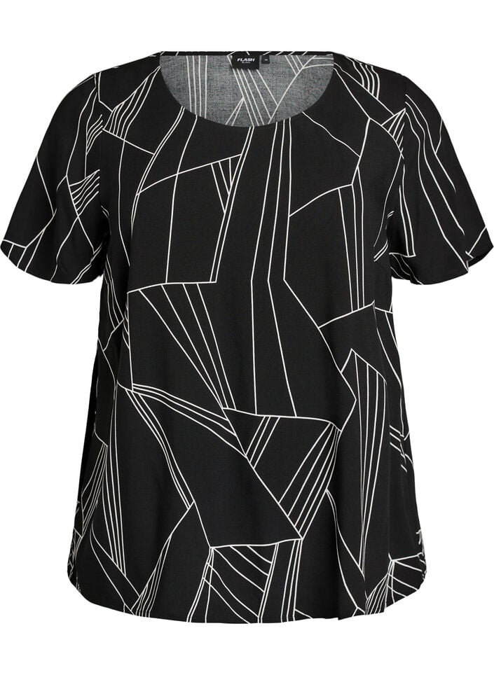 Kurz&auml;rmelige Bluse aus Viskose mit Print, Schwarz, Packshot image number 0