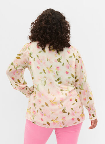 Geblümte Bluse mit langen Ärmeln und V-Ausschnitt, White/Pink Flower, Model image number 1