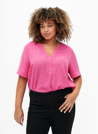 Kurzärmelige Bluse mit V-Ausschnitt, Raspberry Sorbet, Model