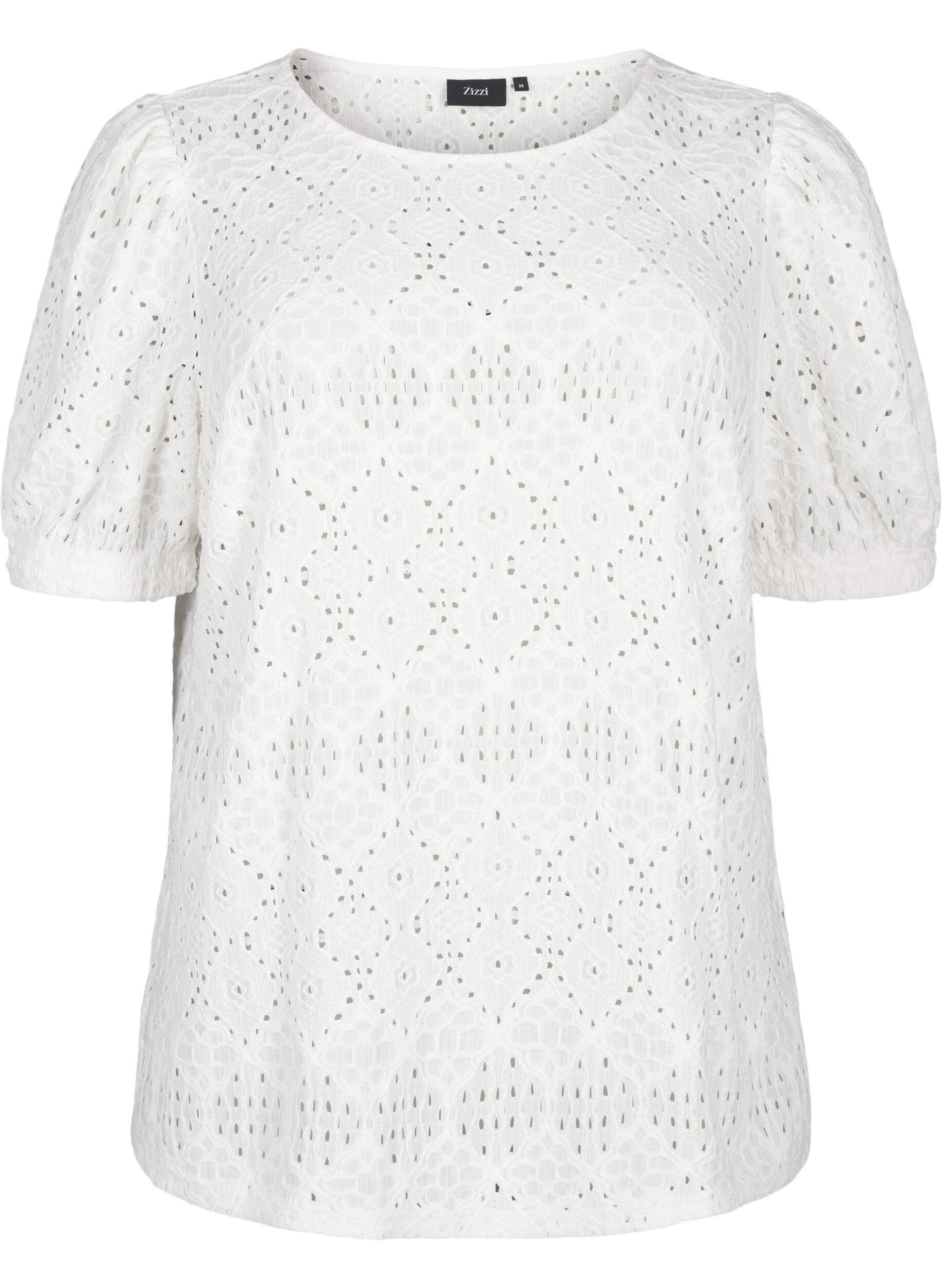 Zizzi Kurz&auml;rmelige Bluse mit Lochmuster, Bright White, Packshot image number 0