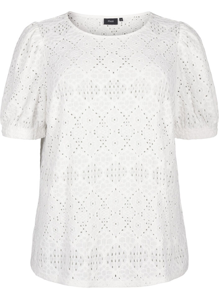  Kurz&auml;rmelige Bluse mit Lochmuster, Bright White, Packshot image number 0