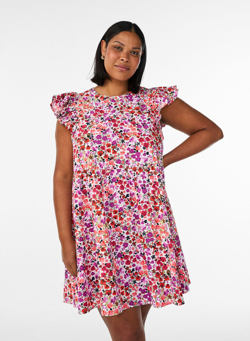 Gebl&uuml;mtes Kleid aus Baumwolle mit R&uuml;schen und V-Ausschnitt, Pink, Model image number 0