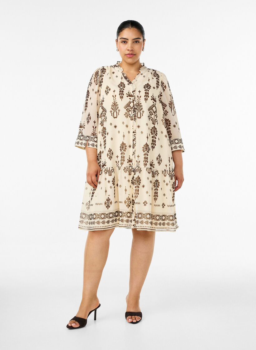 Kleid mit Ornament-Print und R&uuml;schenkragen, Beige, Model image number 1