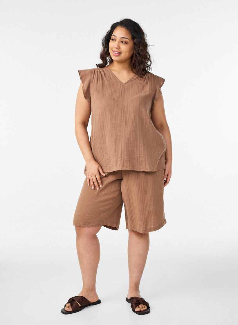 Lockere Shorts aus Baumwollmusselin mit hoher Taille, Braun, Model image number 1