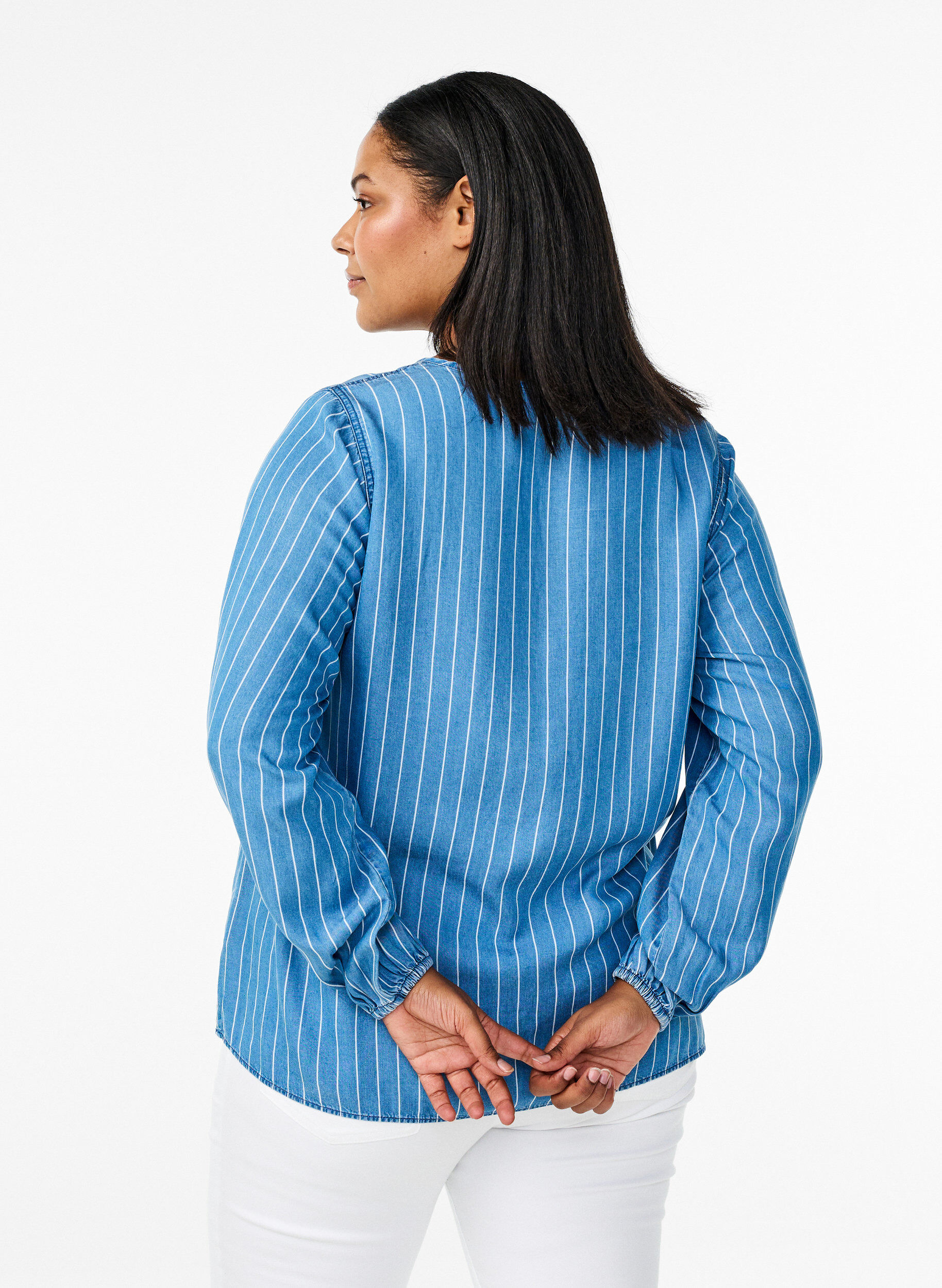 ZizziStreifebluse aus Denim mit langen &Auml;rmeln, Blau, Model image number 2