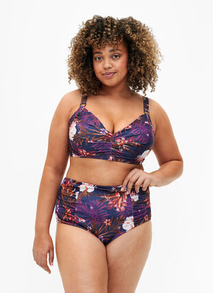 Bikini-Unterteil mit Streifen und hoher Taille, Purple Flower, Model image number 0