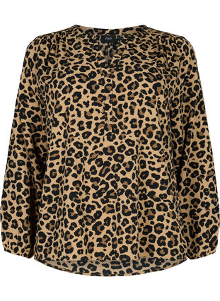 Langarm Bluse mit Print und V-Ausschnitt, Leopard, Packshot image number 0