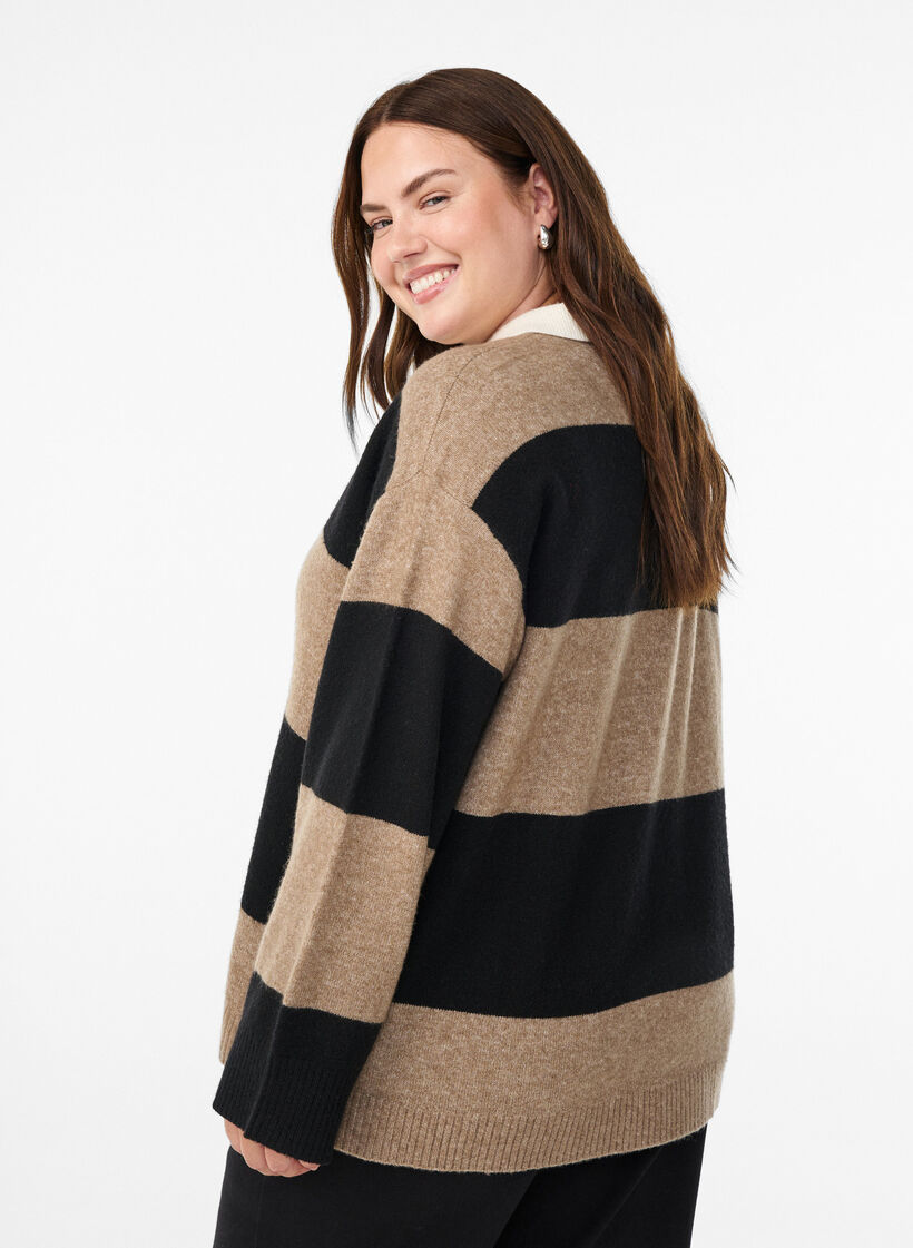 Strickbluse mit Kragen und V-Ausschnitt, Schwarz, Model image number 2